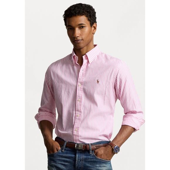 Ralph Lauren Mens Custom Fit Shirt Medium Pink White Striped Button Down Preppy - Picture 1 of 15